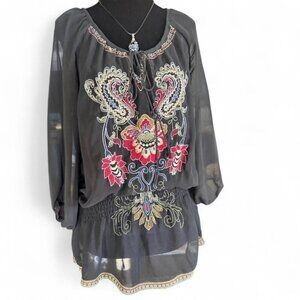 XXI Black Sheer Embroidered Peasant Top | Y2K • Boho • Fairy Grunge